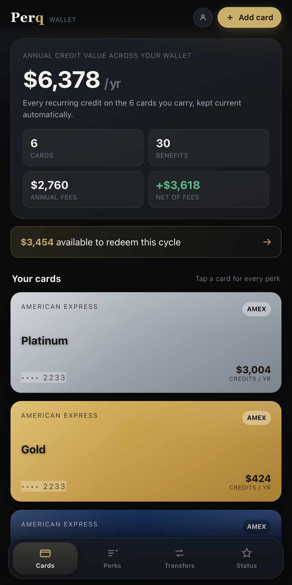 Perq Wallet cards view: a 6-card wallet carrying $6,378 per year in recurring credits